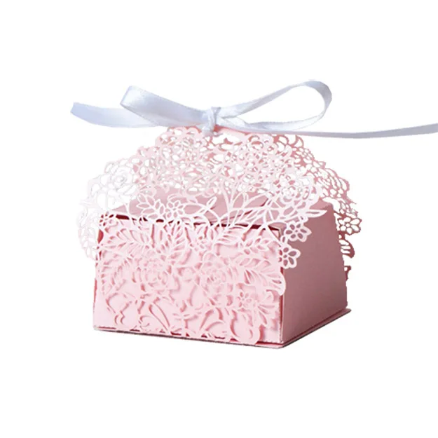 pink 50 шт./лот розы цветы Лазерная резка пользу Свадебная коробочка для сладостей коробка с лентами невесты Вечерние ДУШ свадебные сувениры подарочная коробка - Цвет: pink