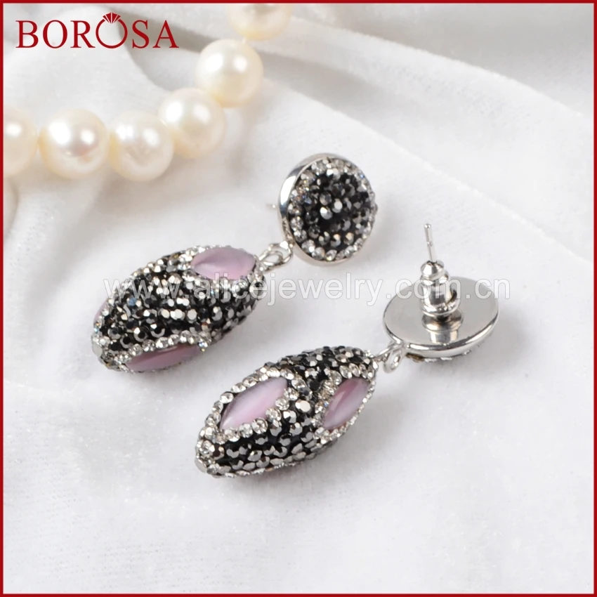 BOROSA 5 Пар Модных druzy Висячие серьги розовый кошачий глаз камень бисера овальной