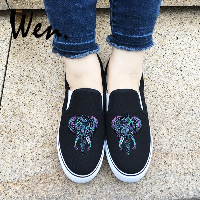 

Wen Design Ethnic Style Elephant Totem Slip On Women Pumps Canvas Men Shoes Black White Sneakers for Boys Girls Low Plimsolls
