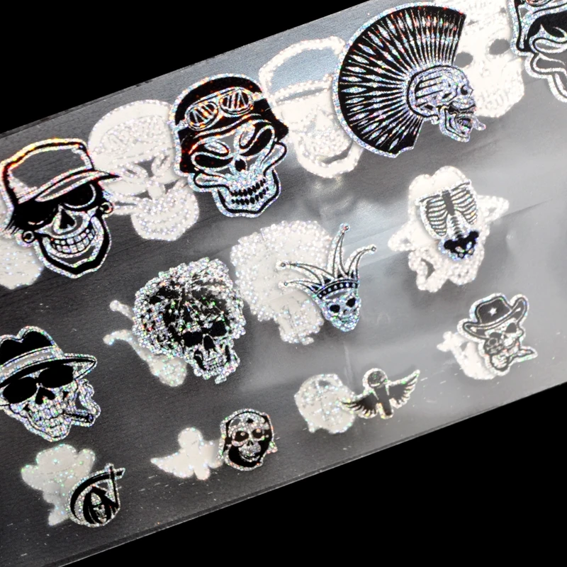 Ногтей Фольга лазерной 3D череп изображение черепа ногтей Наклейки надписи