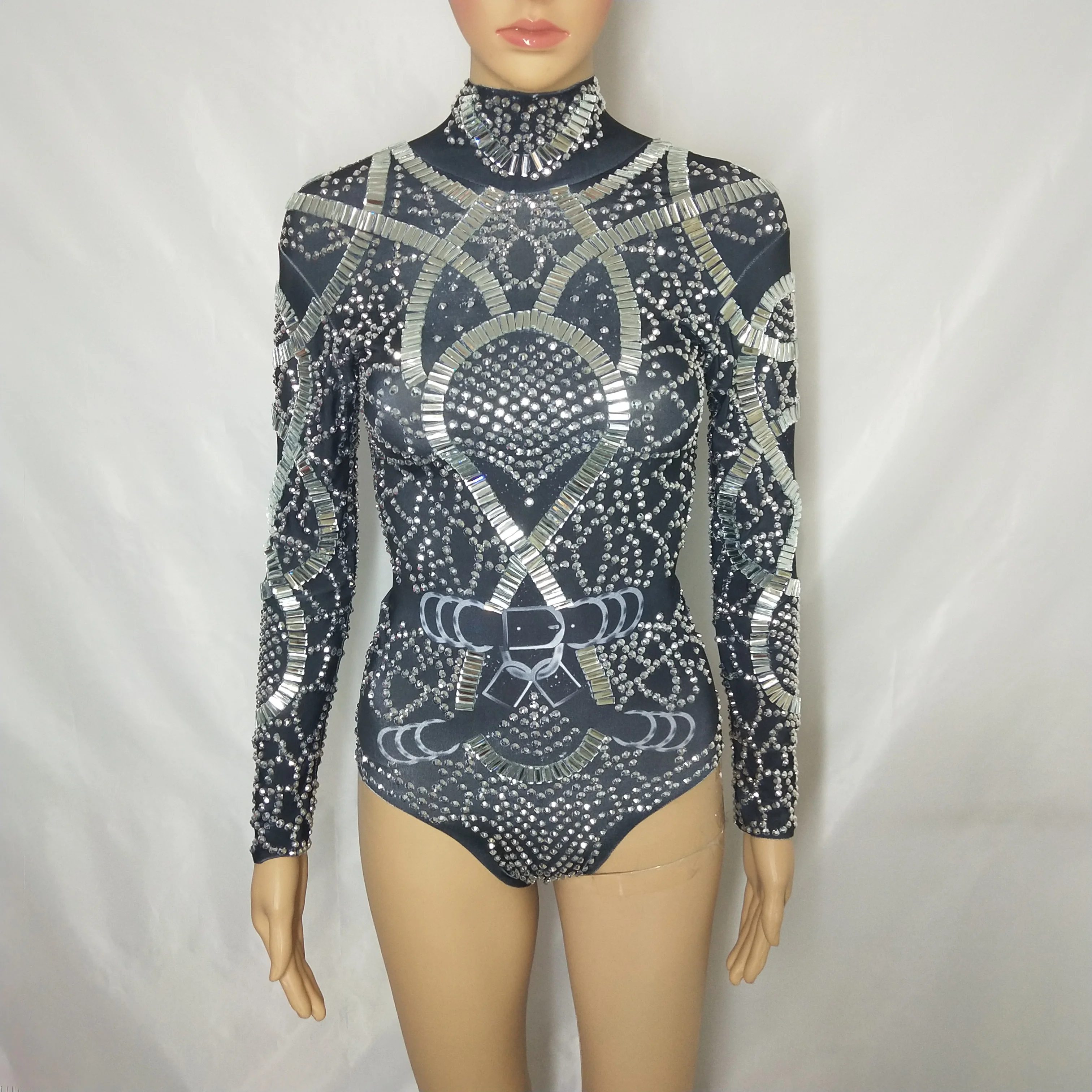 Nightclub Women Crystals Elastic Leotard Silver Black Rhinestones Long Sleeve Bodysuit Bar DJ Singer Jazz Dance Team DS Costume |