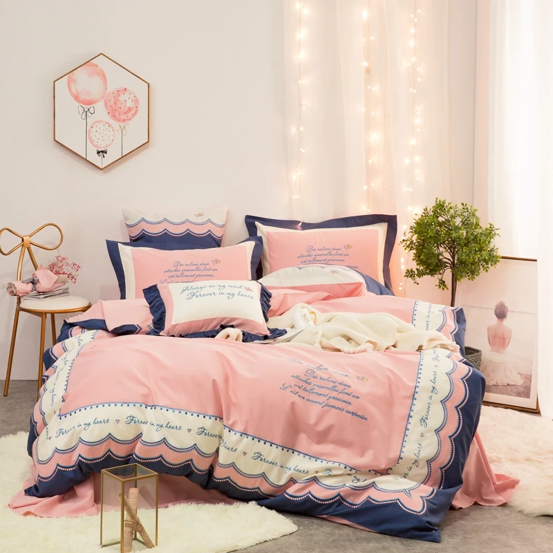 

Комплект постельного белья розового цвета с вышивкой, кружевной комплект постельного белья из 4/7 предметов, из египетского хлопка, с пододе...