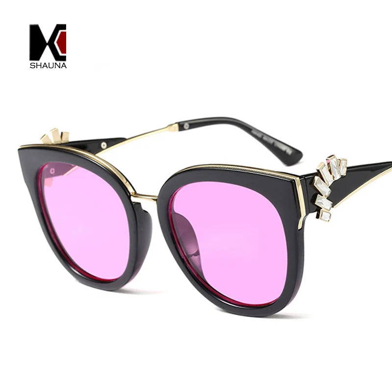 SHAUNA Luxury Crystal Decoration Women Cat Eye Sunglasses Fashion Oversize Ladies Yellow Tinted Lens Shades | Аксессуары для