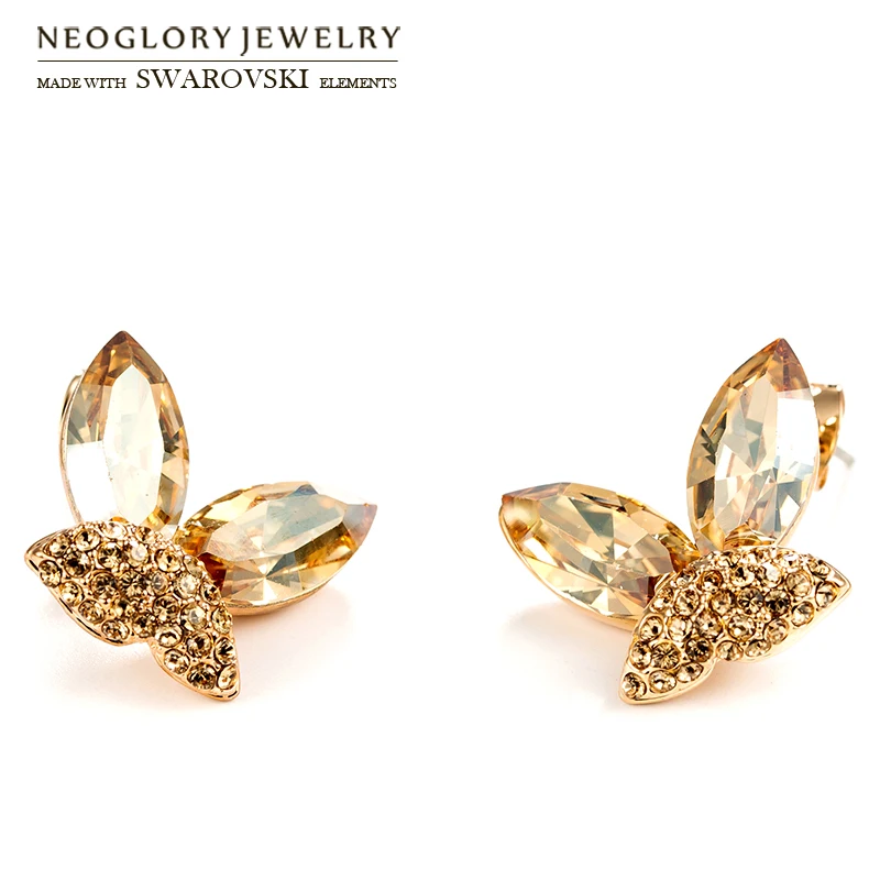 

Серьги-гвоздики Neoglory с австрийским кристаллом и октантом, стразы, Романтические Позолоченные серьги в форме бабочки, вечерние женские иглы