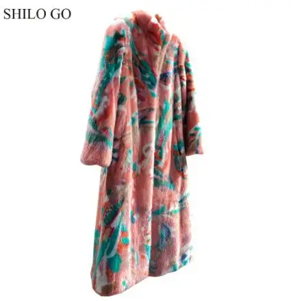 Шуба SHILO GO, женская зимняя мода, цельное натуральное Норковое длинное пальто, воротник-стойка, богемный цветочный принт, длинный рукав, Свободное пальто - Цвет: Розовый
