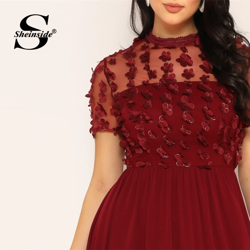 Sheinside, бордовое, с аппликацией, Сетчатое, вечерние, женское платье,, летнее, элегантное, однотонное, ТРАПЕЦИЕВИДНОЕ ПЛАТЬЕ, повседневное, со стоячим воротником, миди платье