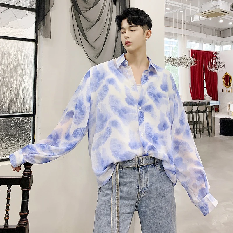 

M-XL!Summer designer models small fresh tie dyed loose sunscreen shirt tide brand men's ultra-thin long-sleeved shirt