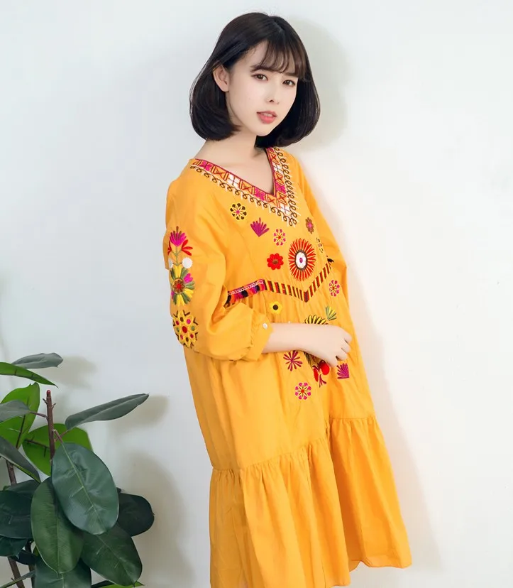 short yellow DakunhuiLC Подиум летнее женское винтажное богемное мексиканское роскошное вышитое свободное платье Vestido вечерние платья размера плюс - Цвет: short yellow