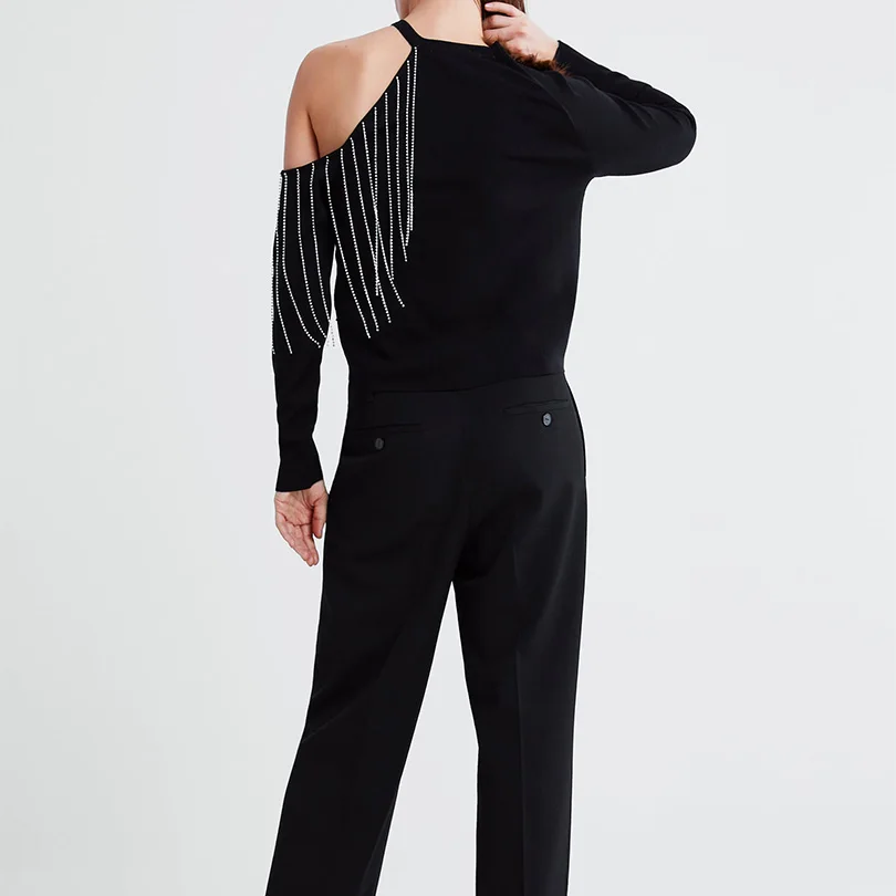 Arvinxia ZA Summer Solid Hollow Out Women Pullover New Off The Shoulder Long Sleeve Lady Sweaters Sexy Tassel O Neck Stylish Top | Женская
