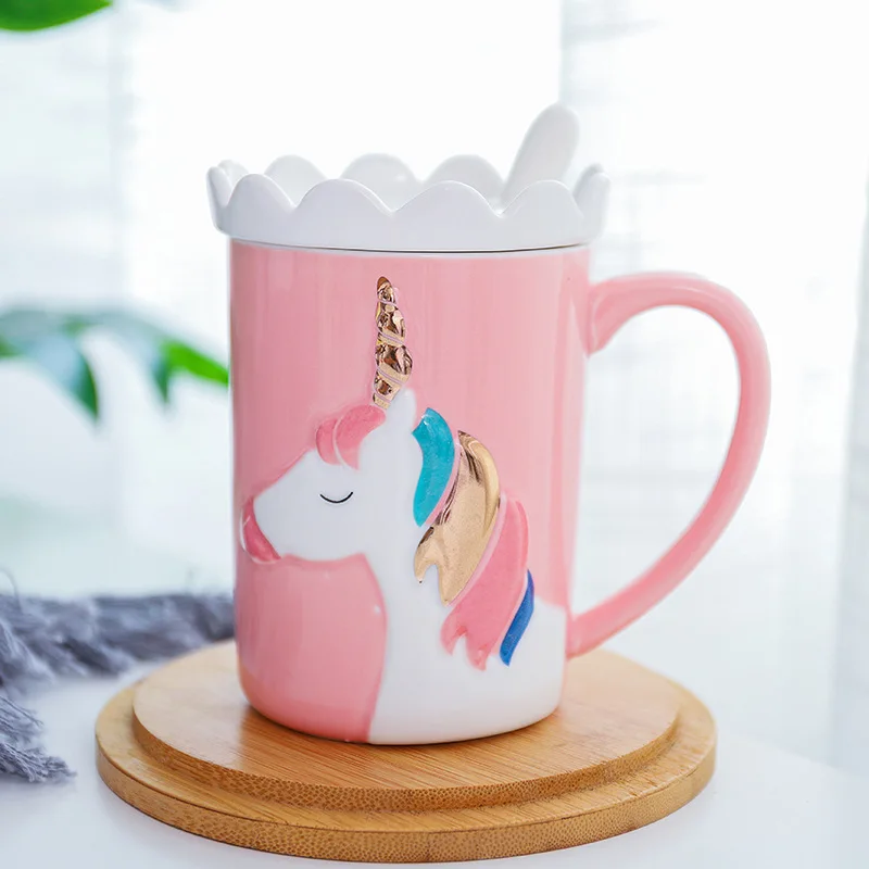 pink Новинка 3D Глод Единорог кофейная кружка с ложкой и корона с крышкой креативные питьевые кофе чай молоко сок чашка Рождественский подарок - Цвет: pink