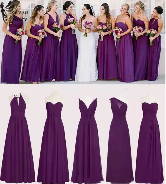 Идеальный Шифон Фиолетовый Платья для Подружек Невесты Этаж Длина Линии Длинные