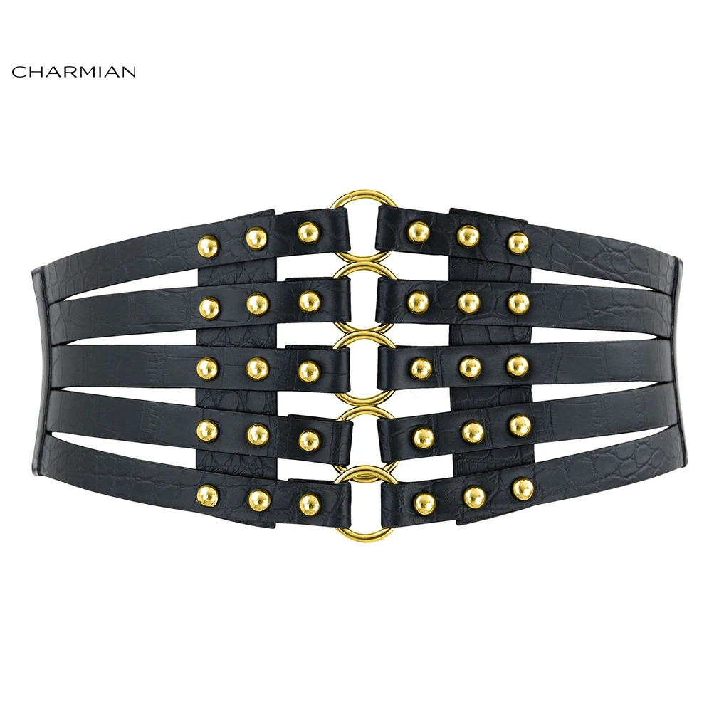 Charmian Leather Rivet Belt Women's Fashion Elastic Fasten Black Wide Waist Corset Belt Club Punk Rock Girdle Bands Cummerbunds