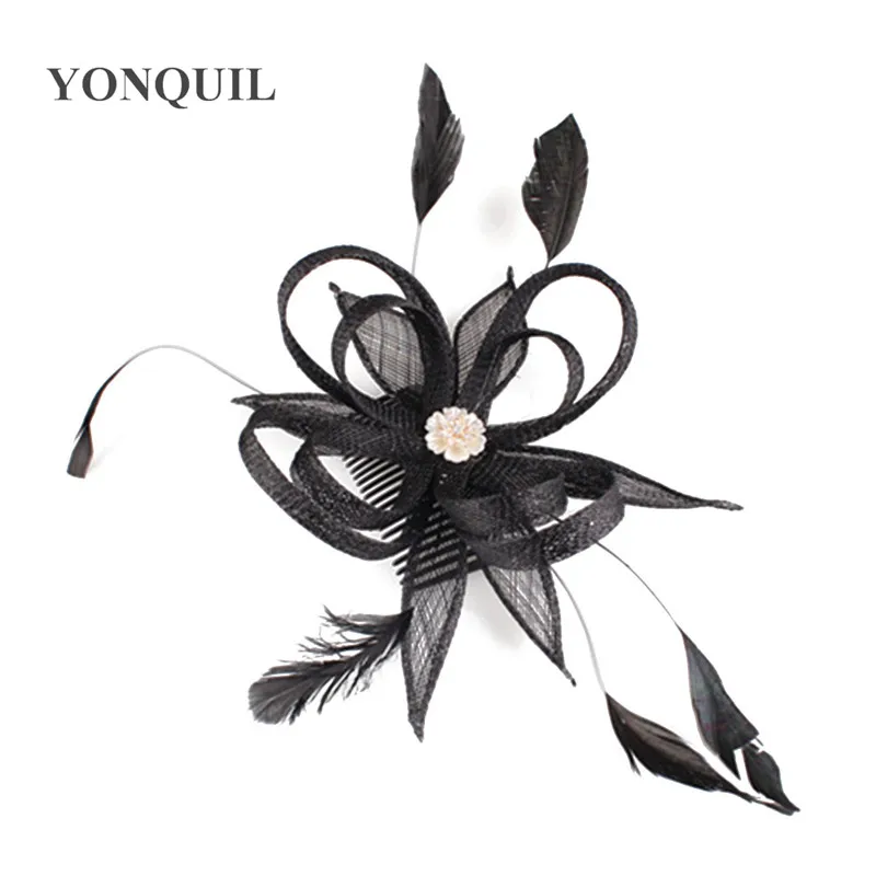 

Derby Fascinator Hats Sinamay Trims with Feather Flower Brooch for Wedding Hair Accessories Race Headwear Multiple Colors MYQ093