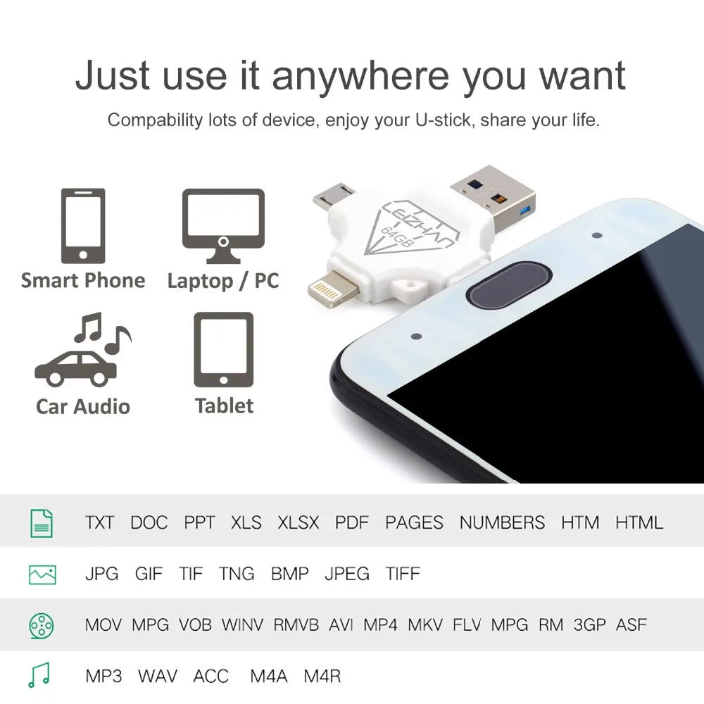 LEIZHAN 4 в 1 USB флеш накопитель для iphone TYPE C Micro android телефон Lightning флешка 128 ГБ 64 32 16