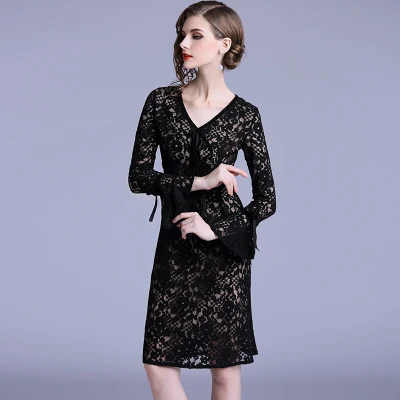 Новинка осени 2018 Европейская мода женская одежда черное кружевное платье