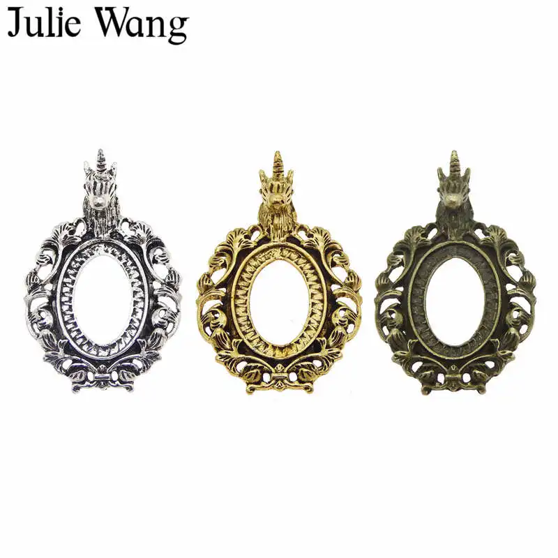 

Julie Wang Unicorn Oval Cabochon Base Setting Antique Color Charms Blank Tray Charm Alloy Pendant Necklace Jewelry Making