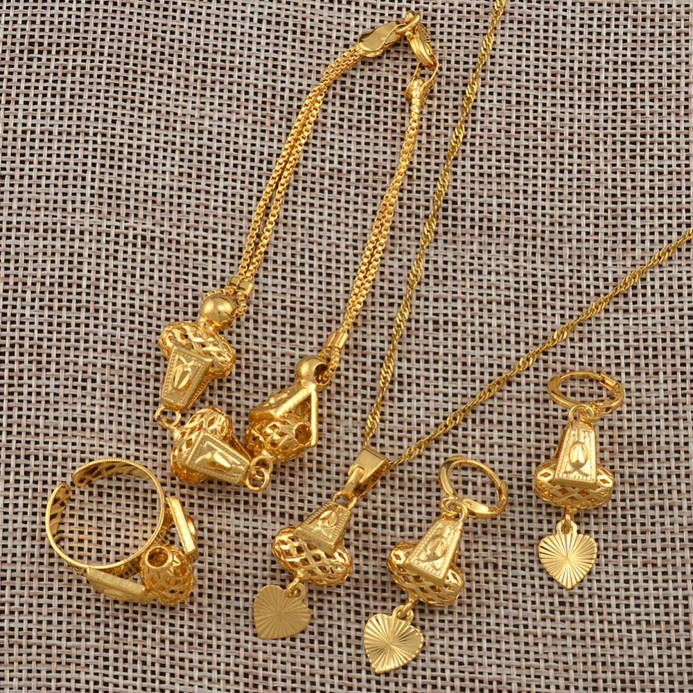 Anniyo Heart Jewelry set Necklace &amp Pendant Bracelet Earrings Ring Gold Color Chain Women Romantic Gift African Arab #053806 | Украшения