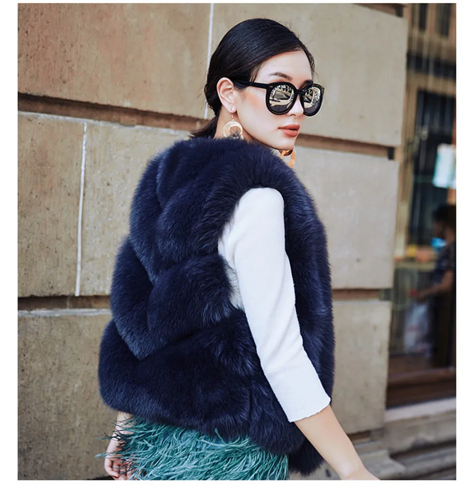 Real Genuine Dark Navy blue Short fox fur vest stripes Jacket coat sleeveless parka gilets Green Black Grey Nature White | Женская