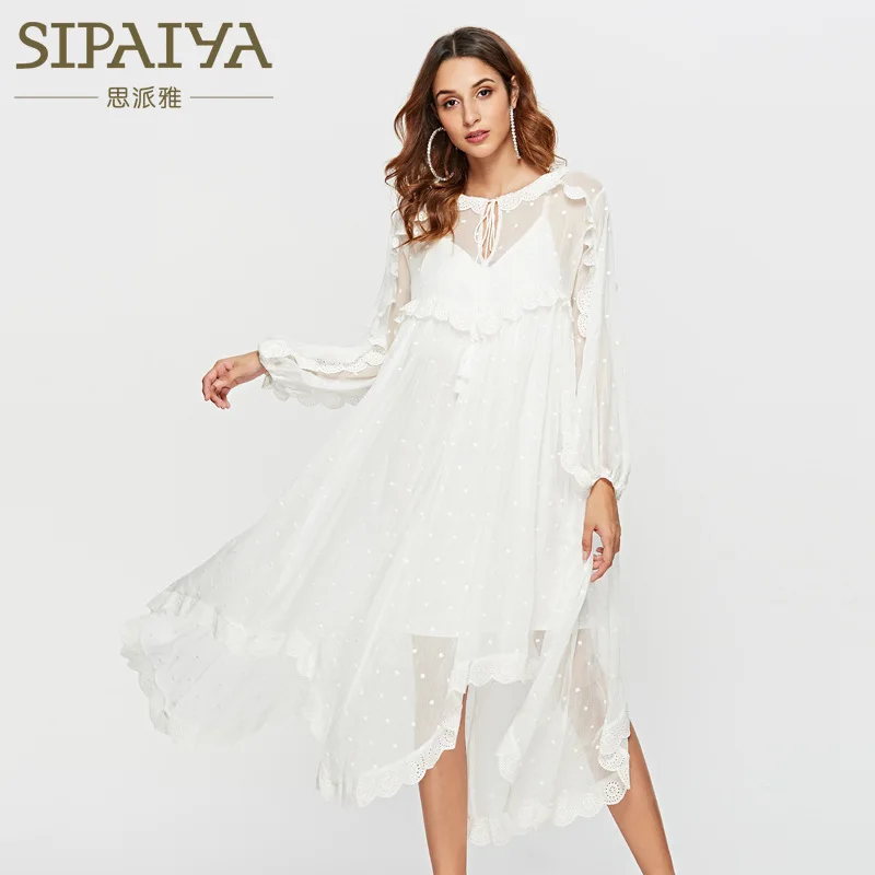 

Женское шифоновое платье с вышивкой, белое свободное кружевное платье с рукавами-фонариками в Корейском стиле, весна 2019