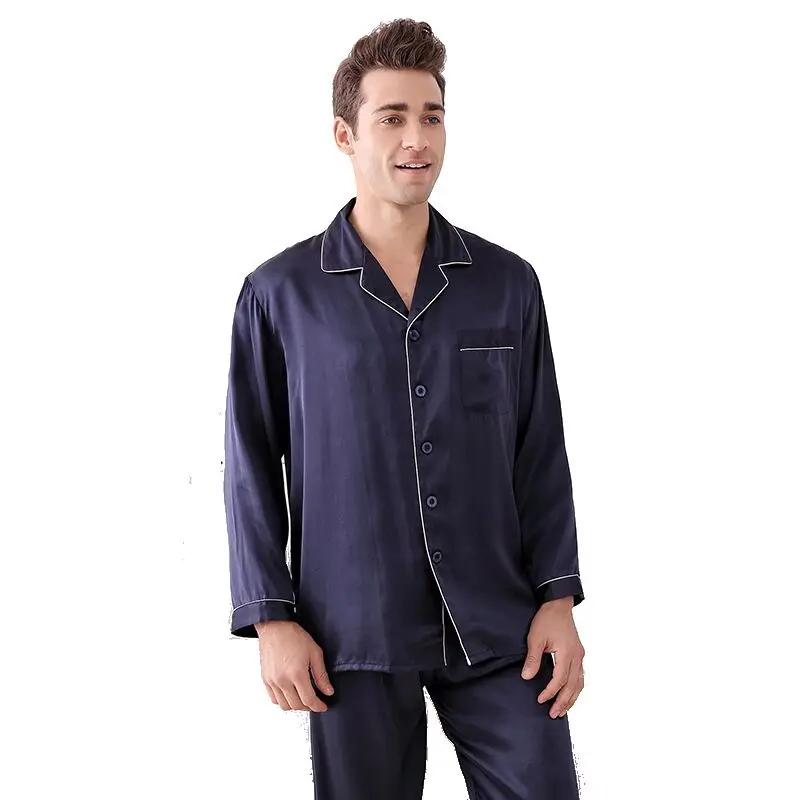 Бренд натуральный шелк мужские пижамы высокого качества с длинными рукавами 2 шт. пижамы брюки наборы мужской шелк тутового шелка Мужская пижама