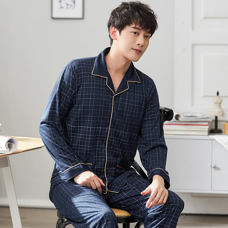 

Plus Size L-3XL Men Pajamas Set Cotton Striped Spring Pijamas Long Sleeve Turn-down Collar Plus Size L-3XL Mens Sleepwear Lounge