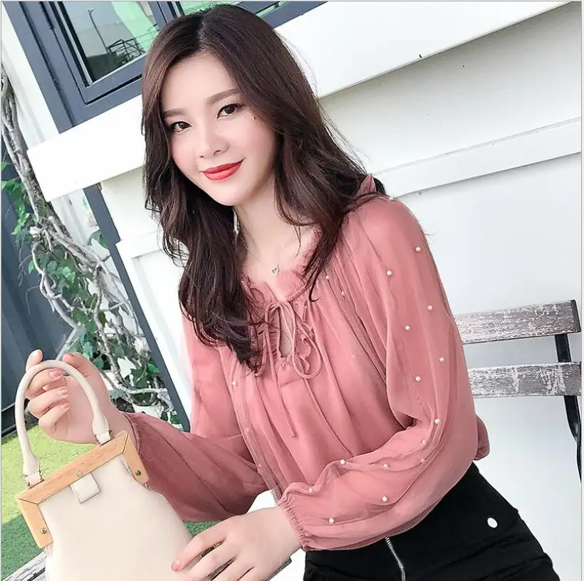 2019 Весенние Новые корейские модные женские топы шифоновые рубашки сетчатые