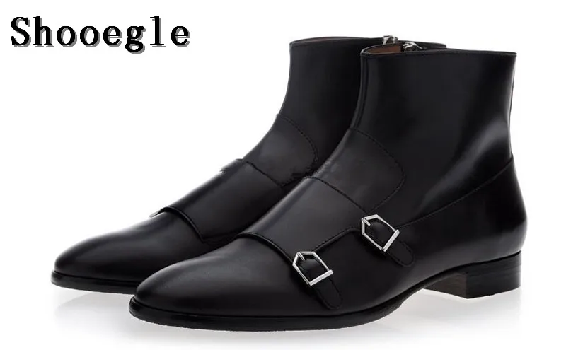 

SHOOEGLE новые мужские черные коричневые кожаные ботильоны с двойной пряжкой искусственные Ботинки Челси с боковой молнией мужские полуботинки
