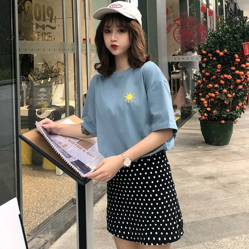 Корейская kawaii футболка с коротким рукавом harajuku простая вышивкой Женские