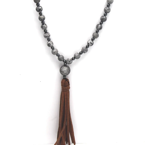 Ожерелье Rudraksha Mala кожаное ожерелье с кисточкой из циркона и бисера | Украшения