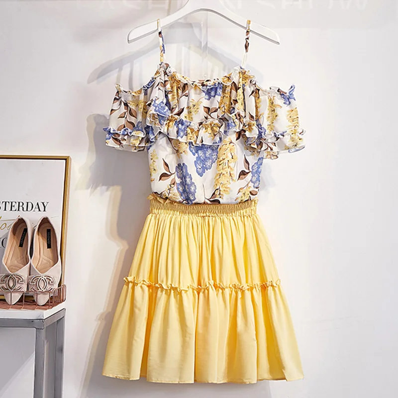 Yellow Trytree/летний женский костюм из двух предметов, оборки, открытые плечи, топы с цветочным рисунком+ юбки, плиссированный мини-костюм из полиэстера, повседневный комплект из 2 предметов - Цвет: Yellow