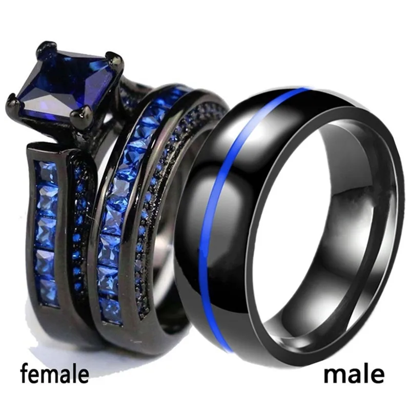 

Charm Couple Rings His Her 316L Stainless Steel Princess Cut Blue CZ Black Gold Filled Promise Wedding Engagement Sets
