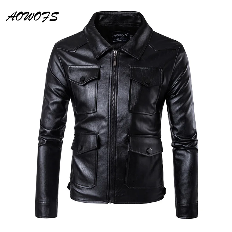 Мужские кожаные куртки AOWOFS винтажные сафари с несколькими карманами Куртки из