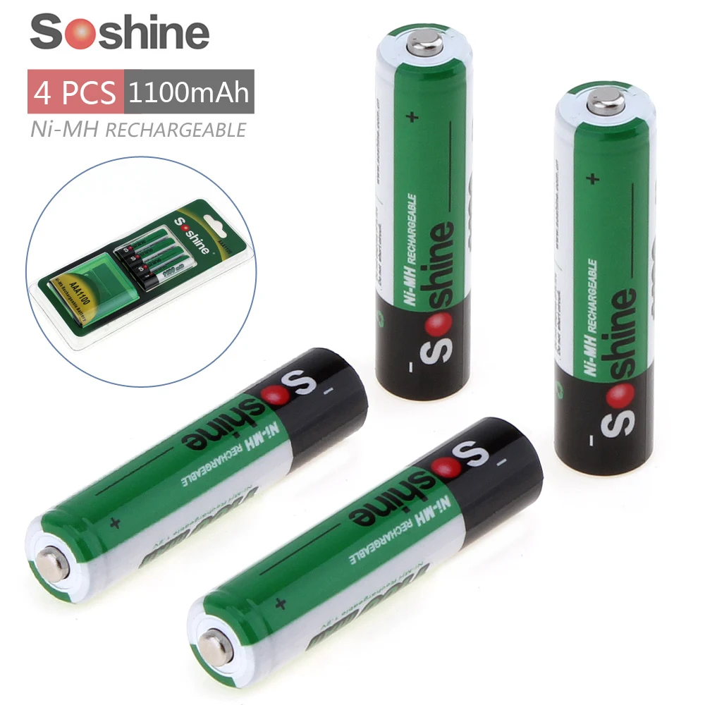Soshine Green 4 шт./упак. 12V Ni MH AAA 1100mAh перезаряжаемые батареи + портативный батарейный