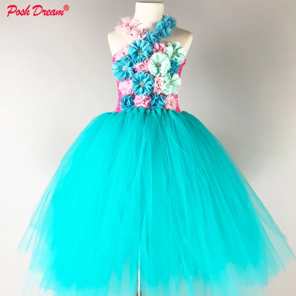 POSH DREAM Teal Green Flower Girls Wedding Party Dresses for Children Chiffon Turquoise Blue Baby Birthday Clothes | Детская одежда и