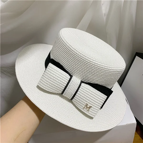 white French Straw Flat Top Bow Female Sun Hats M Panama Elegant Wide Brim Anti-UV Beach Hat Women's Summer Sun Cap Gorras - Цвет: white
