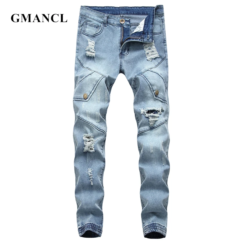

Модные мужские винтажные рваные мотоциклетные джинсовые брюки до колена, потертые обтягивающие Джоггеры в стиле хип-хоп, джинсовые брюки б...