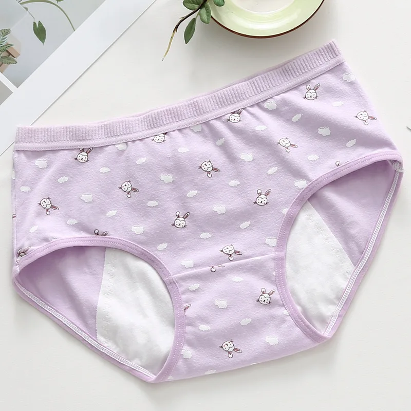 purple Женские хлопковые непроницаемые трусики, физиологичные, для месячных, с принтом, низкая талия - Цвет: purple