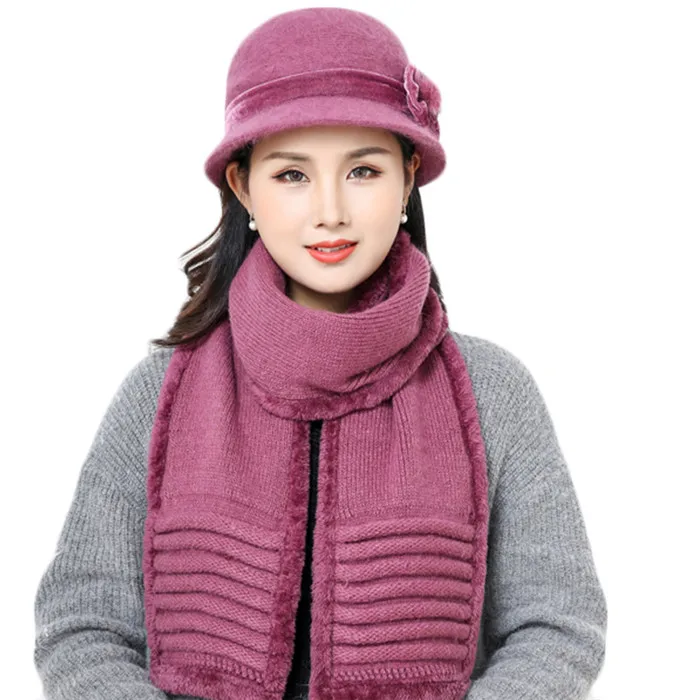 purple 2 Новинка, зимняя женская шапка из кроличьего меха, шарф, набор, теплые шерстяные вязаные плюшевые шарфы, 2 шт., вязаная шапка, шапка для мамы, подарки, крученая флисовая шаль - Цвет: purple 2