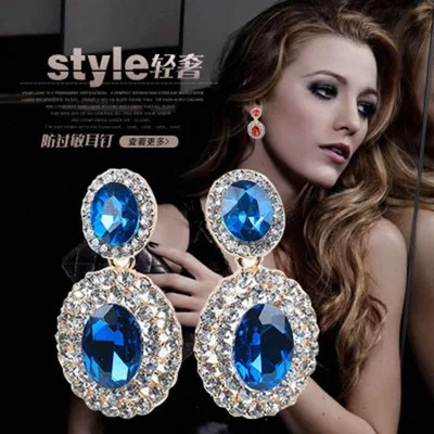 

European and American fashion temperament exaggerated elliptical crystal earrings luxurious big earrings have no ear hole