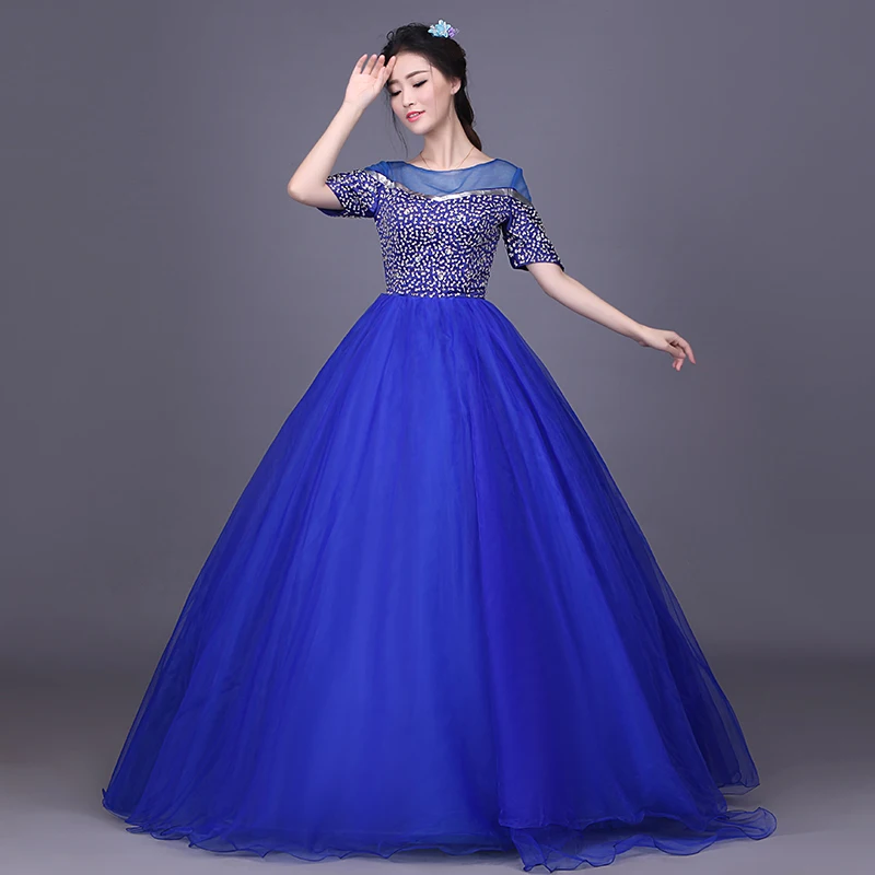 Новый 2017 синий лодка шеи половина рукава вечерние платья stage соло блестки бальные