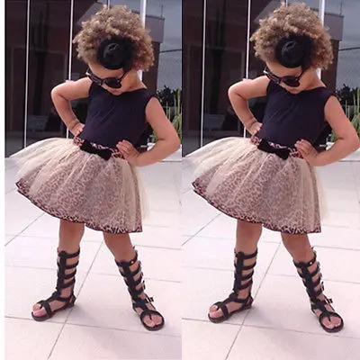 2017 Summer Kids Baby Girl clothes set Sleeveless Tops t-shirt + leopard bow-knot Tulle tutu dress 2Pcs Outfits sets | Детская одежда и