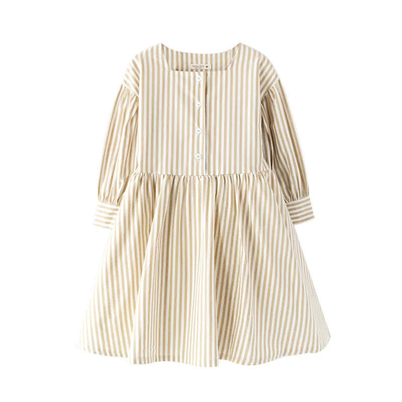 2018 Korean Girls Dress Spring Autumn Seven-point Sleeves Striped Bow Retro Square Collar Children Cotton Dresses for Teenagers | Детская