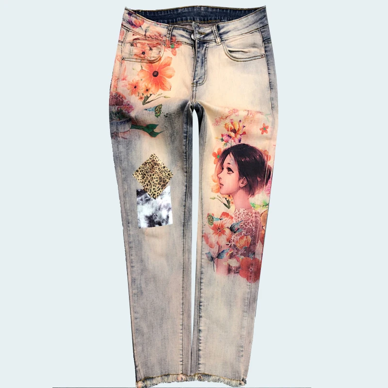 Джинсы карандаш женские Стрейчевые с 3D рисунком уличные брюки из денима