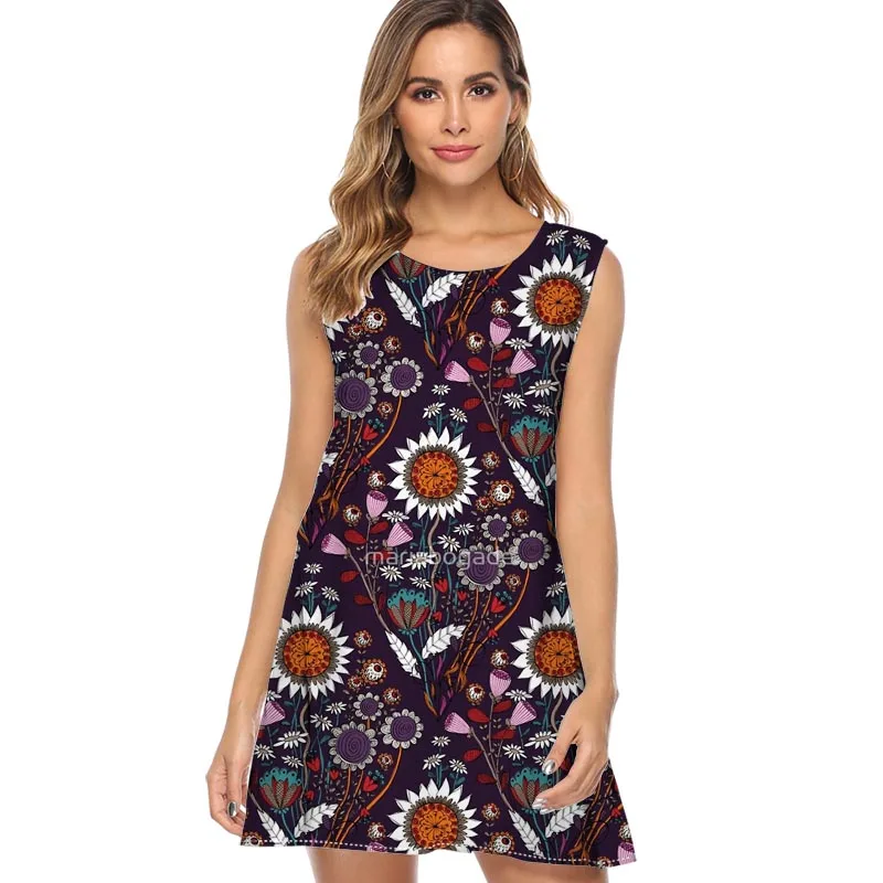 Poppy pattern red flowers Summer Dress Women Print Chiffon Dress Sleeveless Style Short Dress Sundress Casual Shift Dresses