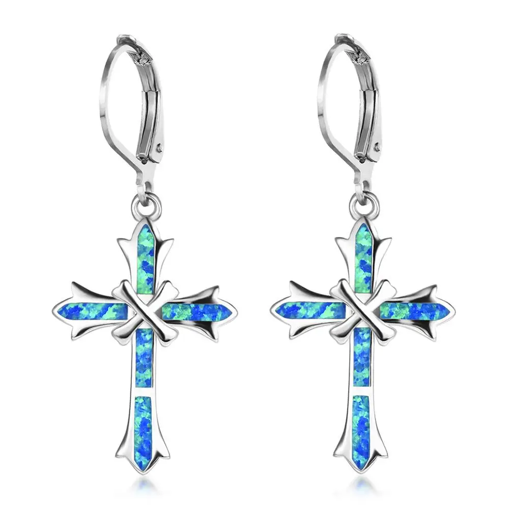 23MM Statement Charm 925 Sterling Silver Clip Earrings Luxury White/Blue Fire Opal Cross Earrings For Women Jewelry Gifts - Окраска металла: Blue