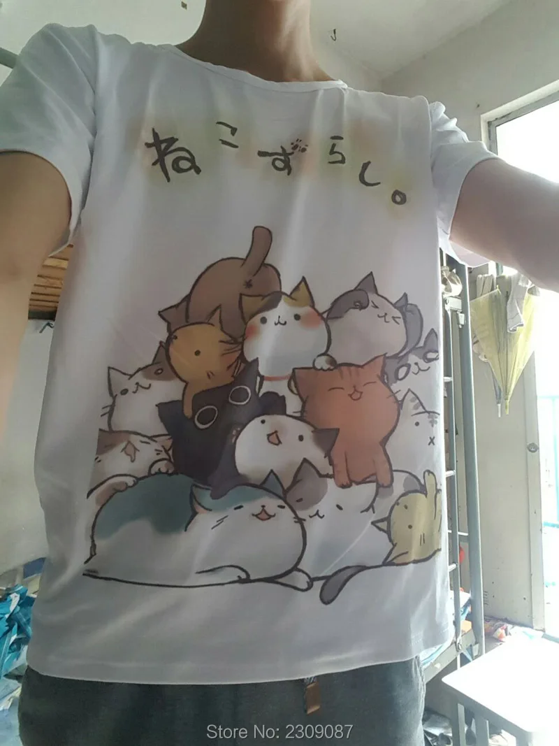 Футболки женские топ Лето кошка топы рубашка женская Neko Тройники Harajuku Футболка Японский Каваи Atsume Neko Аниме Мультфильм Cos Футболки Лолита Милый Кот Двор Случайные Топы Тройник Женская Одежда WXC