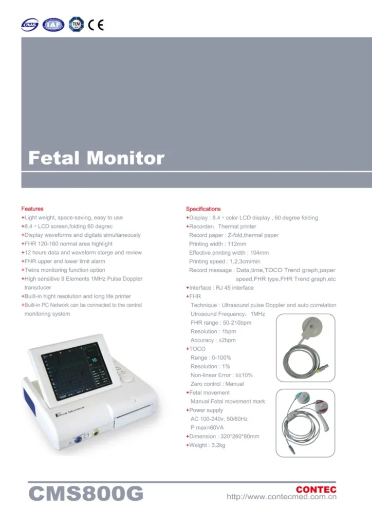 

CONTEC CMS800G Fetal Monitor real-time acquire abnormal FHR,TOCO,FMOV 3 in 1Transducers alarm