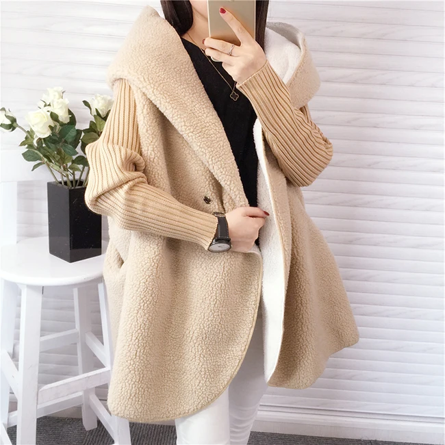 Women Fashion Sweater Cardigan Long Paragraph Lamb Hair Thick Loose Hooded Jacket Solid Color Winter Warm Wild Coat Best Gifts |