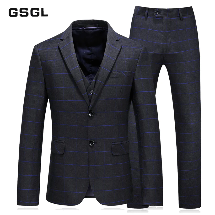 Men Black Suits Striped Slim Fit Plaid Suits for Men 3 Pieces Sets High Quality Black Groom Wedding Suit