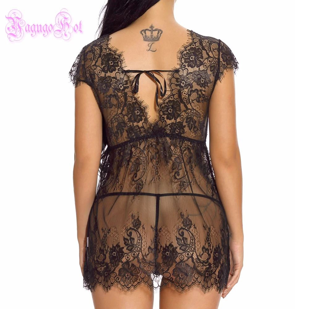 Прозрачные Ресницы кружева Seduaction Honymoon Flyaway V шеи Babydoll G String Lingere кимоно халат